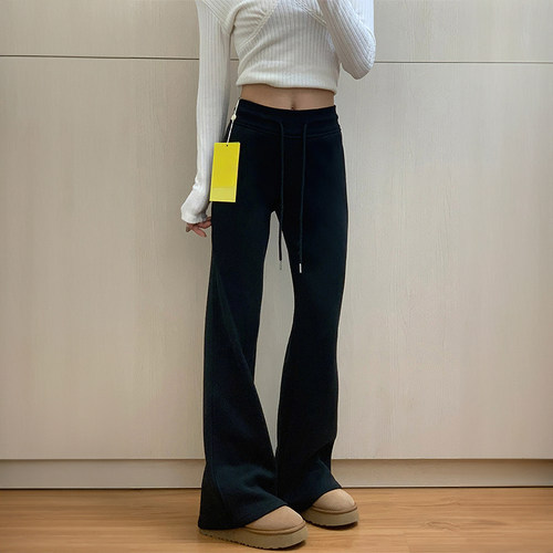 深灰色微喇休闲裤女2025秋冬加绒胖妹妹mm高腰弹力显瘦运动卫裤潮 - 图0