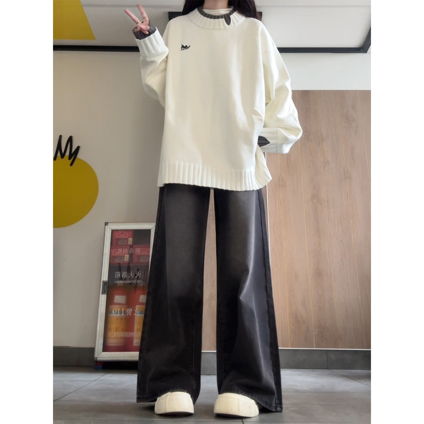 黑灰色阔腿牛仔裤女秋冬新款胖妹妹mm梨型身材高腰宽松显瘦直筒裤,淘宝优惠券,粉丝福利购,淘宝优惠卷