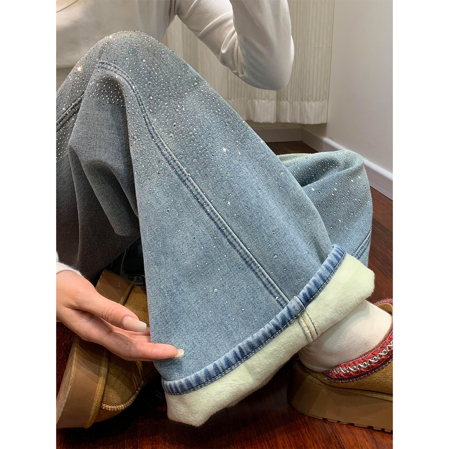 蓝色满天星烫钻直筒牛仔裤女冬季加绒加厚胖妹妹mm高腰显瘦阔腿裤,淘宝优惠券,粉丝福利购,淘宝优惠卷