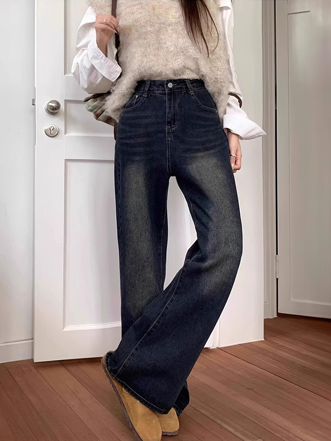 蓝灰色微喇牛仔裤女秋冬新款胖妹妹mm高腰宽松显瘦梨型身材长裤子,淘宝优惠券,粉丝福利购,淘宝优惠卷