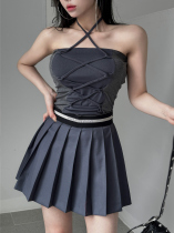 South Korean womens dress 2024 Early spring sexy hanging neck Body Splicing Crossstrap with a slim hanging neck jacket