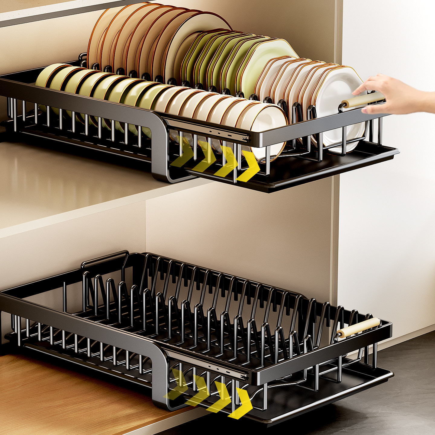 碗碟收纳架厨房抽屉置物架橱柜内置式拉篮大容量抽拉碗盘沥水碗架,淘宝优惠券,粉丝福利购,淘宝优惠卷