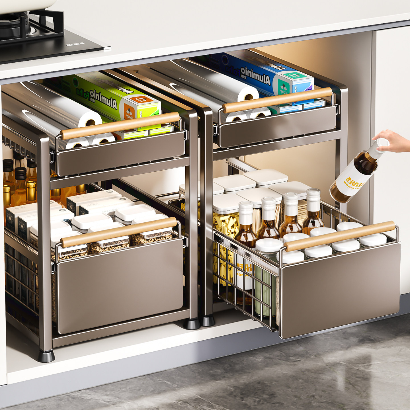 厨房抽屉置物架橱柜内抽拉式分层架子双层下水槽超深收纳神器拉篮,淘宝优惠券,粉丝福利购,淘宝优惠卷