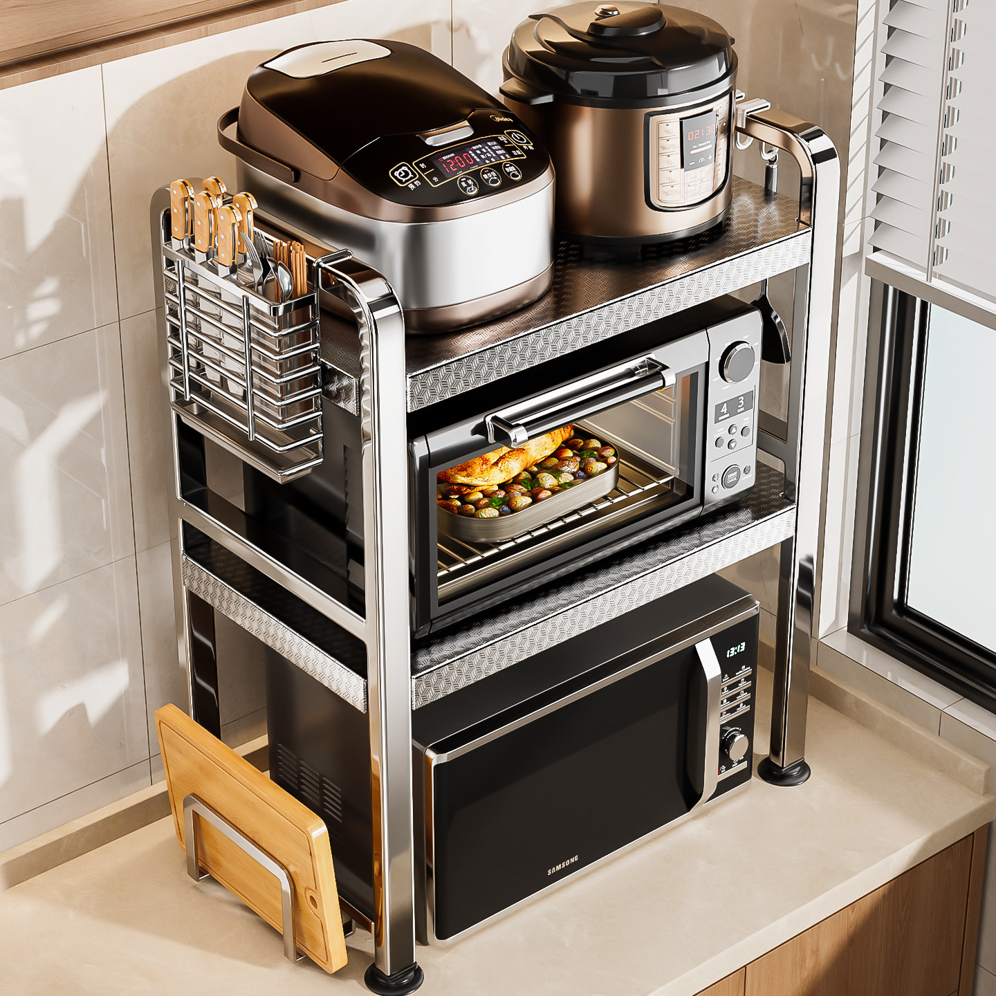 新款不锈钢微波炉置物架厨房多功能烤箱支架家用台面电饭煲收纳架,淘宝优惠券,粉丝福利购,淘宝优惠卷