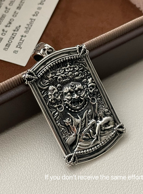s925纯银复古做旧大黑天方牌吊坠时尚高级国潮百搭重工