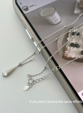 S925纯银重工拉丝纯银水钻水滴项链女款简约气质锁骨链小众设计