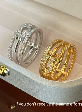 S925纯银关晓彤同款三环马蹄满钻戒指指环女轻奢高级感小众设计