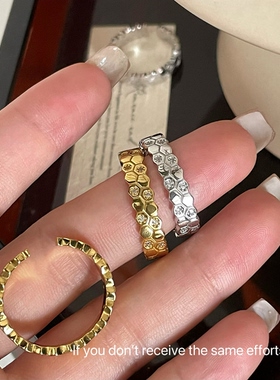 S925银新款微镶锆石蜂窝戒指满钻叠戴几何菱形蜂巢戒指满钻指环