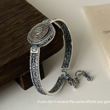 S925纯银绿度母种子字八宝罗盘手镯重工复古时尚百搭高级感小众