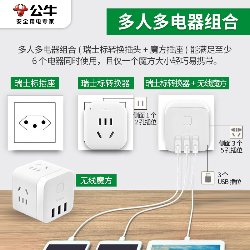 公牛瑞士标转换插头电源转换器插座出国旅行瑞标转国标瑞士卢旺达