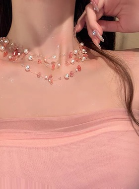 合金材质粉色碎石珍珠项链女