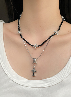 复古十字架叠戴串珠项链女潮小众个性高级感锁骨链2025新款卫衣链