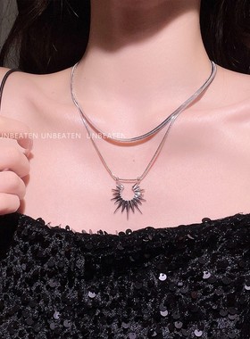 双层叠戴太阳蛇骨链钛钢项链女