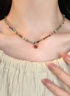 复古天然石彩色串珠红宝石吊坠项链女波西米亚轻奢小众叠戴锁骨链