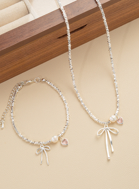 UNBEATEN蝴蝶结粉钻天然珍珠碎银项链女高级感锁骨链轻奢小众颈链