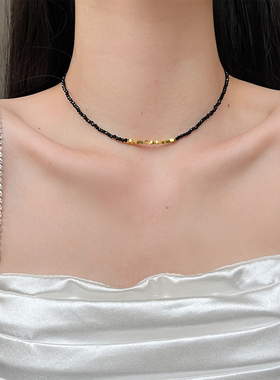 UNBEATEN黑色水晶碎银子项链女轻奢小众高级感锁骨链简约气质颈链