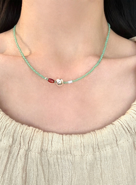 新中式国潮绿色小米珠锁骨链