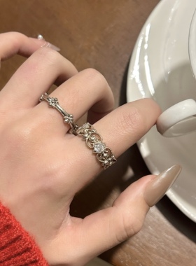 中古风银色镂空十字架开口戒指女