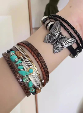 UNBEATEN波西米亚异域民族风手链女中古个性叠戴缠绕皮革复古手饰