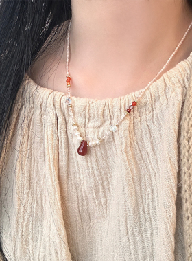 红色玛瑙珍珠串珠项链女多巴胺彩色复古民族风小众设计夏天锁骨链
