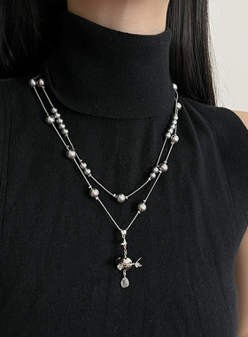 星球吊坠灰色珍珠项链女小众高级设计感毛衣链长款叠戴锁骨链配饰
