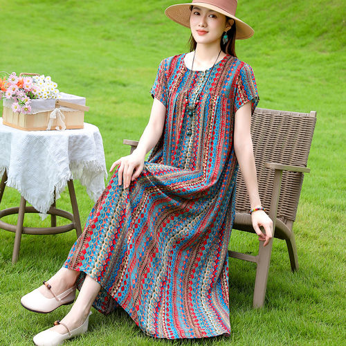 高端洋气夏季新款棉绸睡裙中老年妈妈气质宽松女士休闲家居连衣裙 - 图2