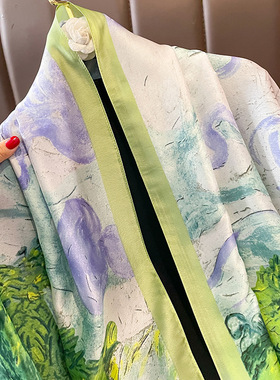油画绿色印花丝巾女长款外搭披肩