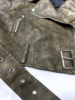 CCA homemade retro diagonal zipper washed gradient lapel short leather belt high waist vintage distressed leather jacket