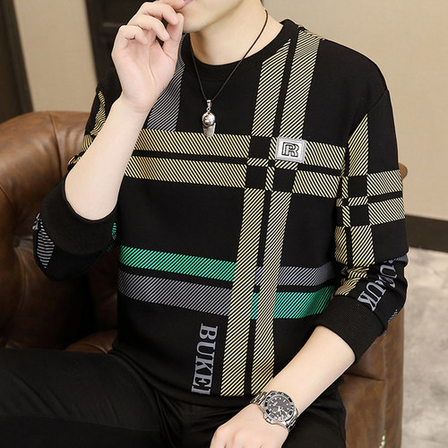 男士卫衣条纹秋季新款长袖T恤春衣服圆领中青年秋衣百搭打底衫潮 - 图3