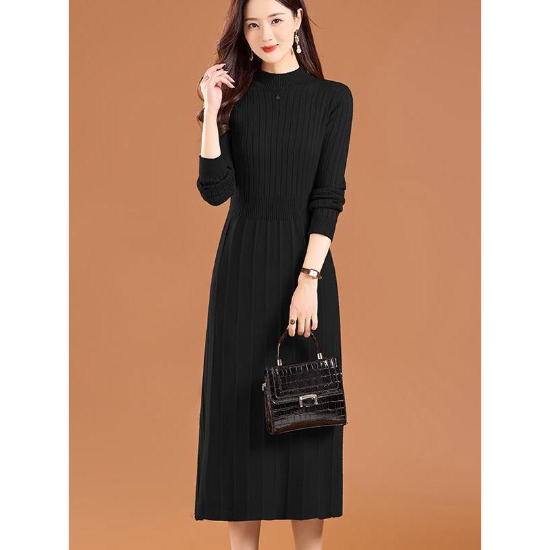 毛衣裙中长款女装秋冬配大衣的羊毛打底裙春秋内搭过膝针织连衣裙 - 图3