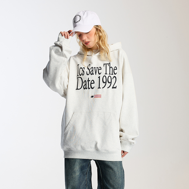 iconslab发泡排版印花连帽卫衣情侣装秋冬小旗帜宽松套头休闲帽衫 - 图0