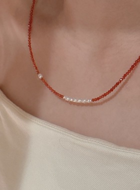 S925纯银天然红尖晶淡水珍珠颈链