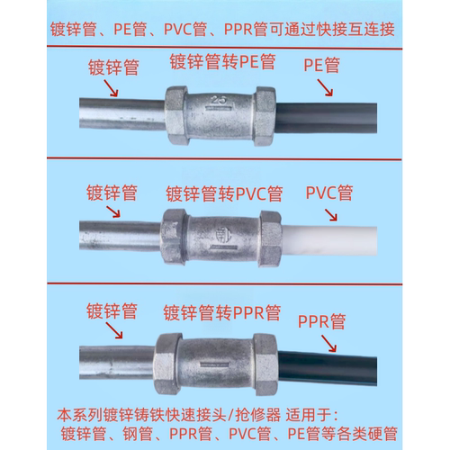 镀锌快速接头耐高温暖气管水管铁管PE/PPR/PVC快速接水管无丝活接 - 图1