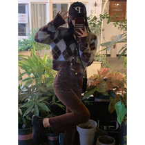 Poplar Bubble Retro Rhombus Knitted Cardiovert 2022 Early Spring New Loose Korean version Lazy Wind Sweater Jacket