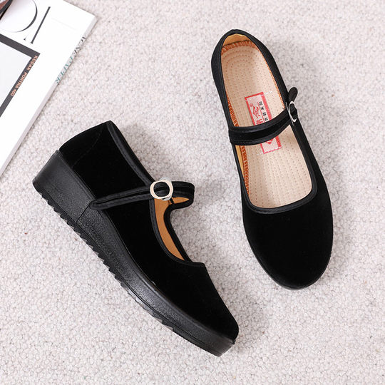 新款老北京布鞋女加绒平底上班工作鞋黑色防滑广场舞鞋妈妈鞋软底