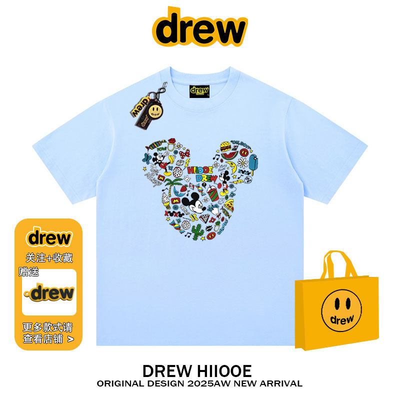 drew美式潮牌卡通米奇印花短袖t恤男女夏季新款纯棉宽松情侣上衣
