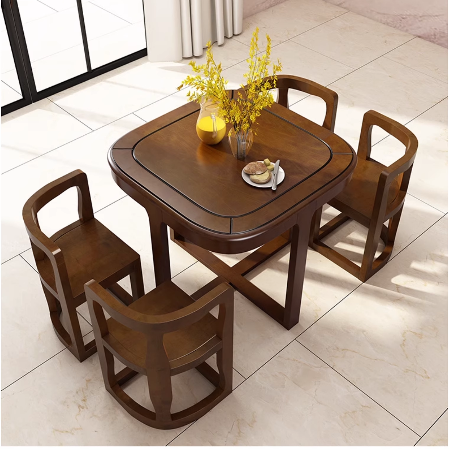 世匠美式乡村实木餐桌小户型家用岩板饭桌北欧轻奢大理石阳台茶桌 - 图1