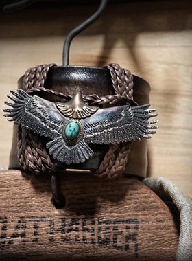 美式复古牛皮手链925银印第安鹰小众手工真皮情侣男女手绳手腕