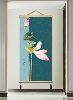 新款现代简约风装饰画客厅玄关卧室挂画走廊荷花莲花卷轴布艺画