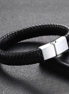 手链男潮牌个性皮绳复古简约手镯朋克潮流手饰黑色手环男生单层