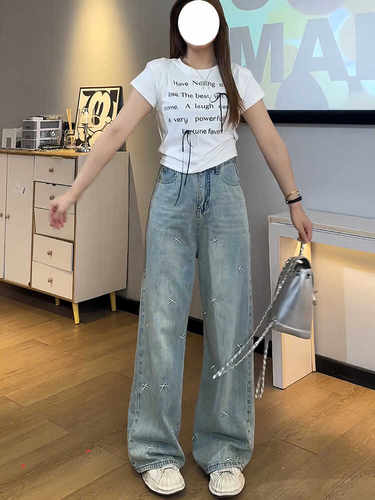 微胖穿搭高腰牛仔裤女春秋大码胖mm宽松显瘦直筒裤刺绣阔腿长裤子 - 图1