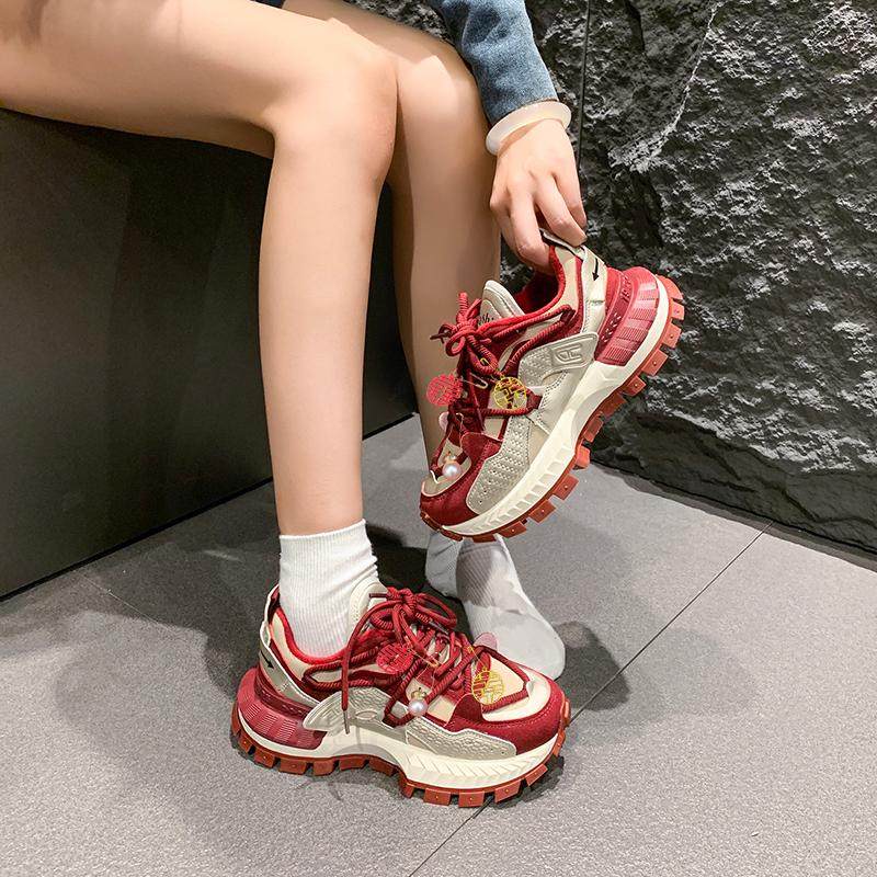 禾秀婚鞋女2025年新款秋冬加绒红色新娘鞋子不累脚厚底老爹运动鞋,淘宝优惠券,粉丝福利购,淘宝优惠卷