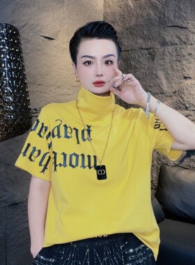 欧洲站春夏季时尚印花高领休闲上衣中袖潮流T恤女宽松显瘦百搭女