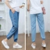 Quần bà bầu mùa hè phần mỏng mặc rộng chín điểm quần denim thể thao giản dị mùa xuân và quần legging hè mùa xuân hè - Phụ nữ mang thai quần / quần bụng