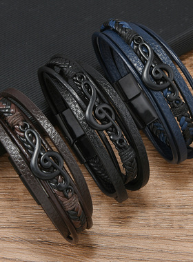 欧美热销新款男士饰品复古创意多层编织皮革手链个性黑色音符