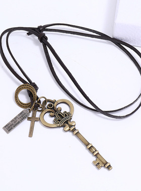 外贸个性复古牛皮项链毛衣链