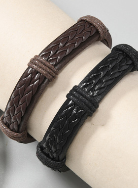 复古男士手工编织皮革抽拉手链