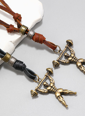 跨境复古运动风吊坠皮革项链网红百搭高级感毛衣链小众简约饰品