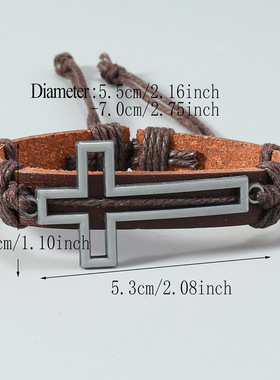 欧美新款配饰简约手工编织复古皮革手环创意合金十字架男士手链