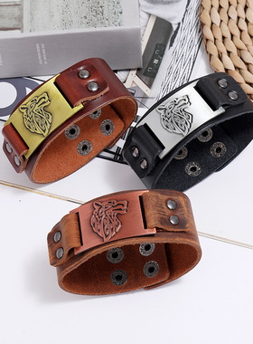 欧美凯尔特狼头牛皮手链